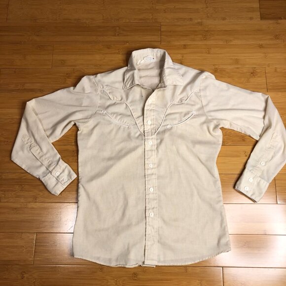 Vintage Cream Neutral Western Shirt Medium White Piping Light Stripes Cotton - Picture 3 of 6